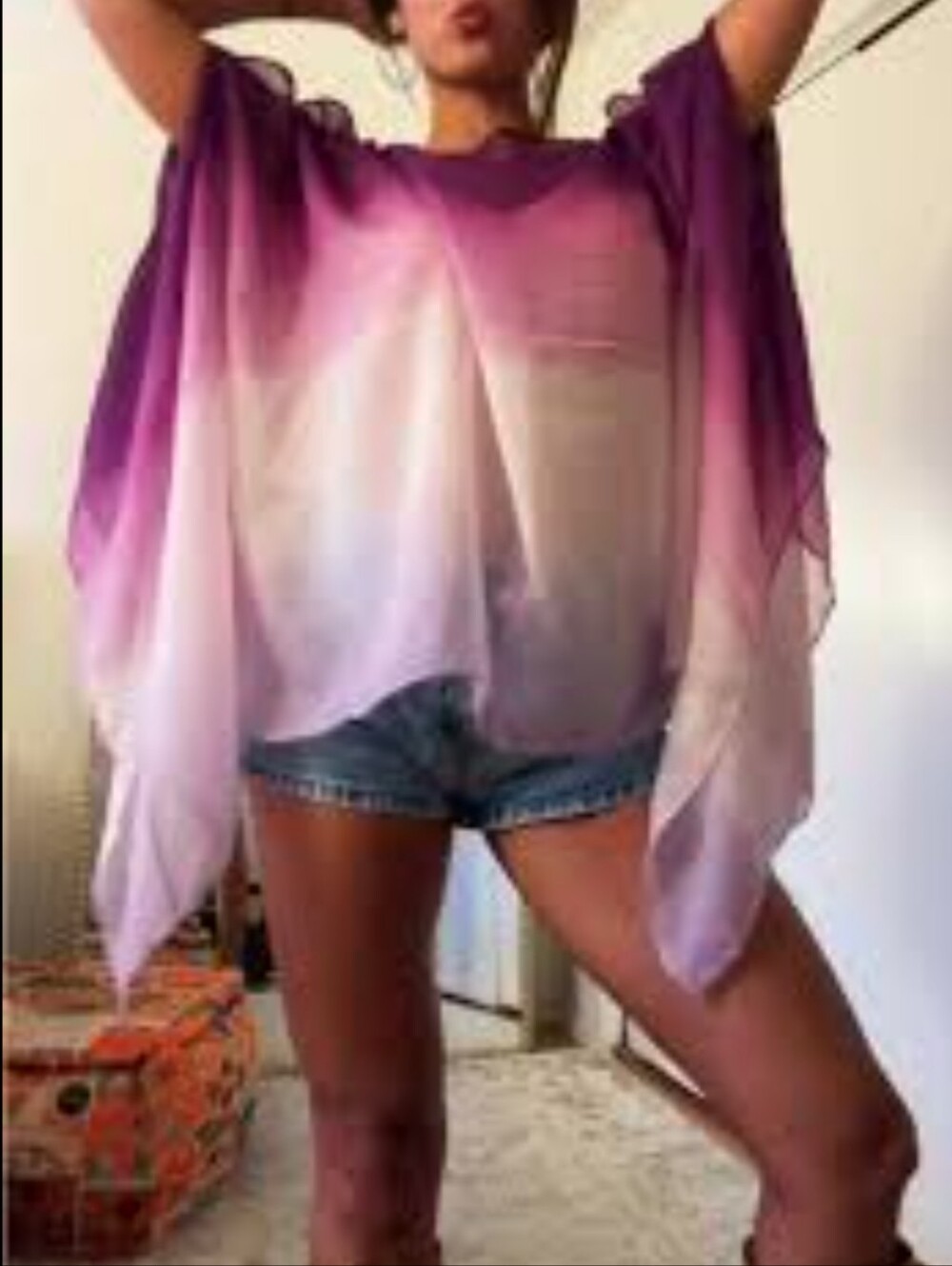 Sheer Ombre Purple and Cream Flutter Top W/open Sleeves Capelet Shrug Wrap O/S
